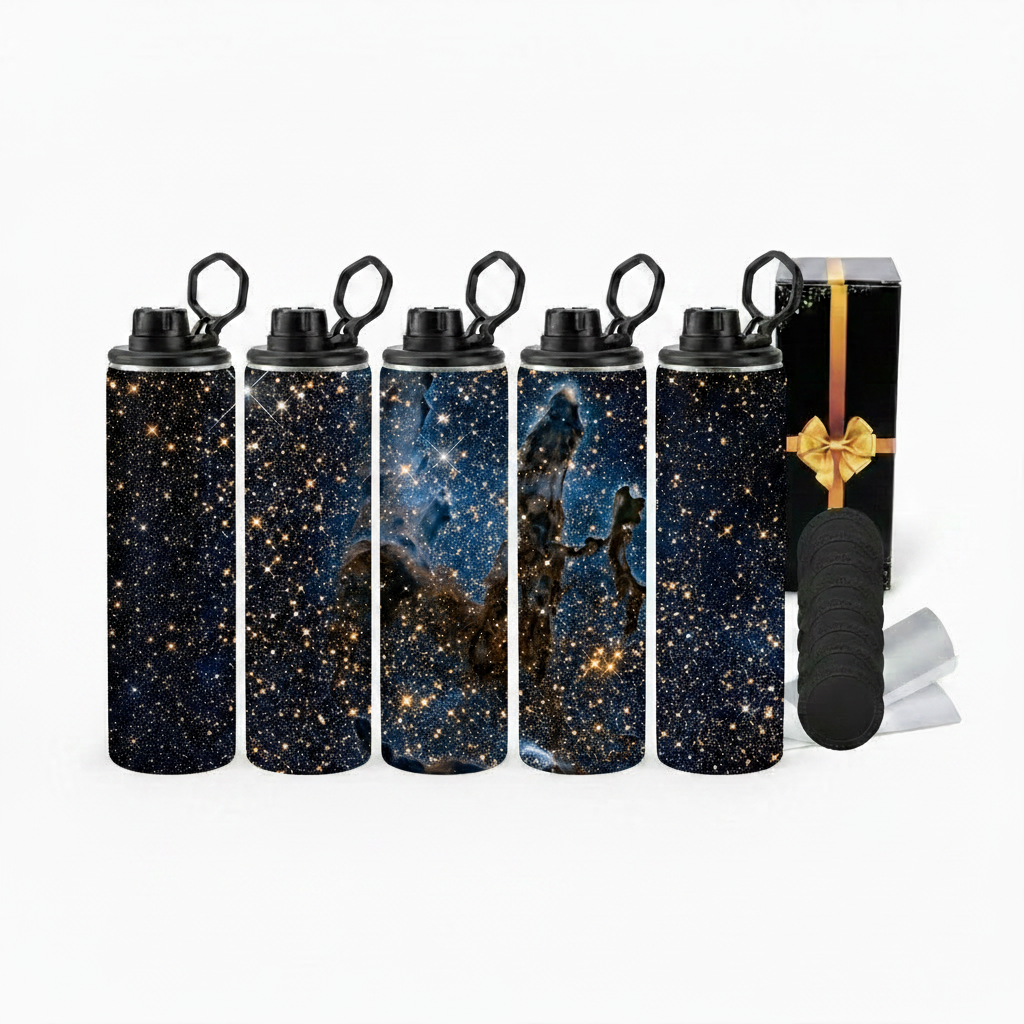 "Pillars of Creation Starfield" 20 oz Stainless Steel Skinny Tumbler – Sublimated Space Travel Mug with Loop Lid