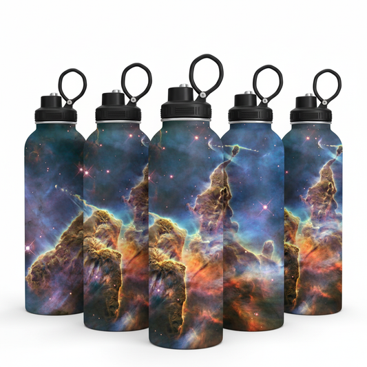 "Mystic Mountain Nebula" 20 oz Stainless Steel Water Bottle – Sublimated Space Tumbler with Loop Lid