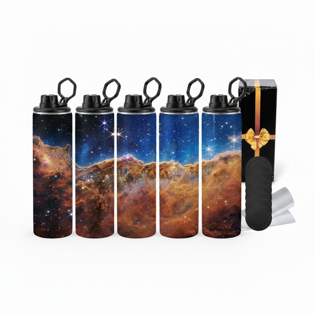 "Carina Cosmic Cliffs" 20 oz Stainless Steel Skinny Tumbler – Sublimated Galaxy Travel Mug with Loop Lid